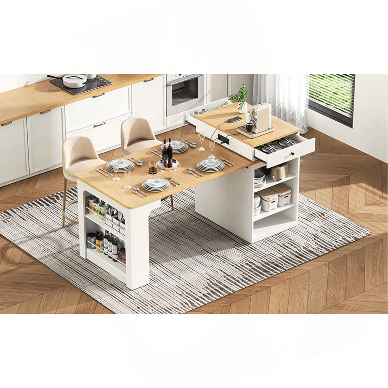 Îlot de cuisine 59,5 po avec table de salle à manger extensible, table de rangement avec rangement double-face, îlot de cuisine avec 2 tiroirs, prise de courant, tablettes ouvertes sur le côté, pour la cuisine, la salle à manger
