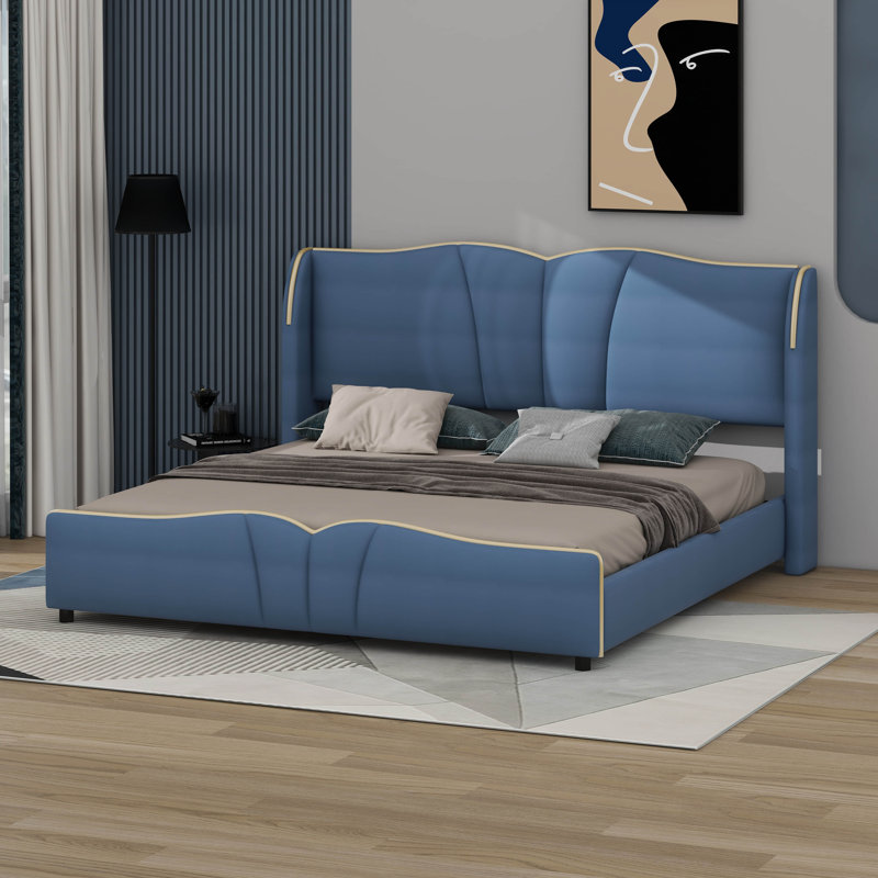 Modern Bed Frame With Wingback Head Board, Upholstered Platform Bed With Wavy Footboard, King, Antique Blue