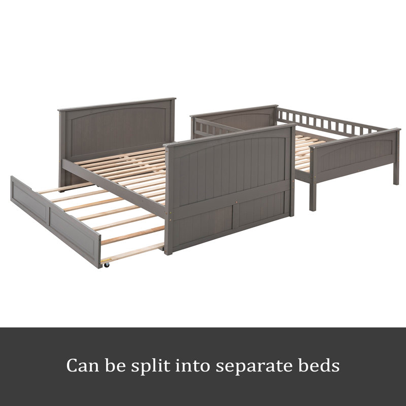 Full Over Full Bunk Bed With Twin Size Trundle, Pine Wood Bunk Bed With Guardrails, Brushed Gray
