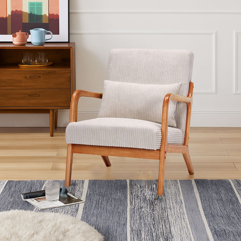 Chaise d'appoint rembourrée en polyester avec pieds en bois d'hévéa massif, Marron clair, Beige
