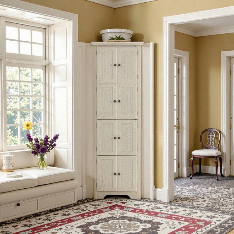 72 Tall Corner Pantry Cabinet With 8 Doors And 4 Tiers Solid Wood Storage Solution, White