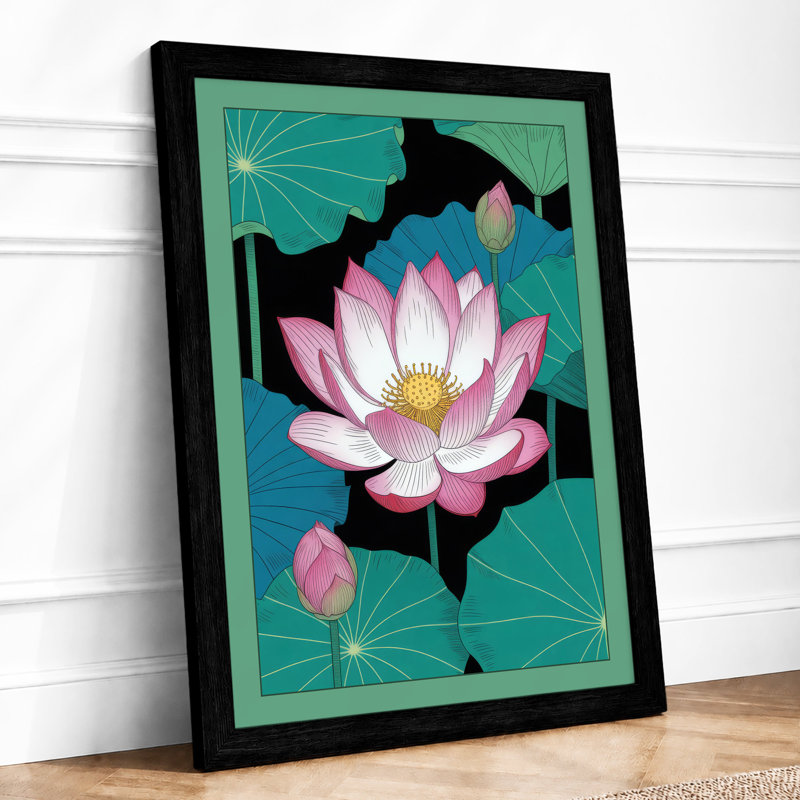 Lotus in Bloom Botanical - Framed Print, A1 - 84.1 x 59.4 cm, Black