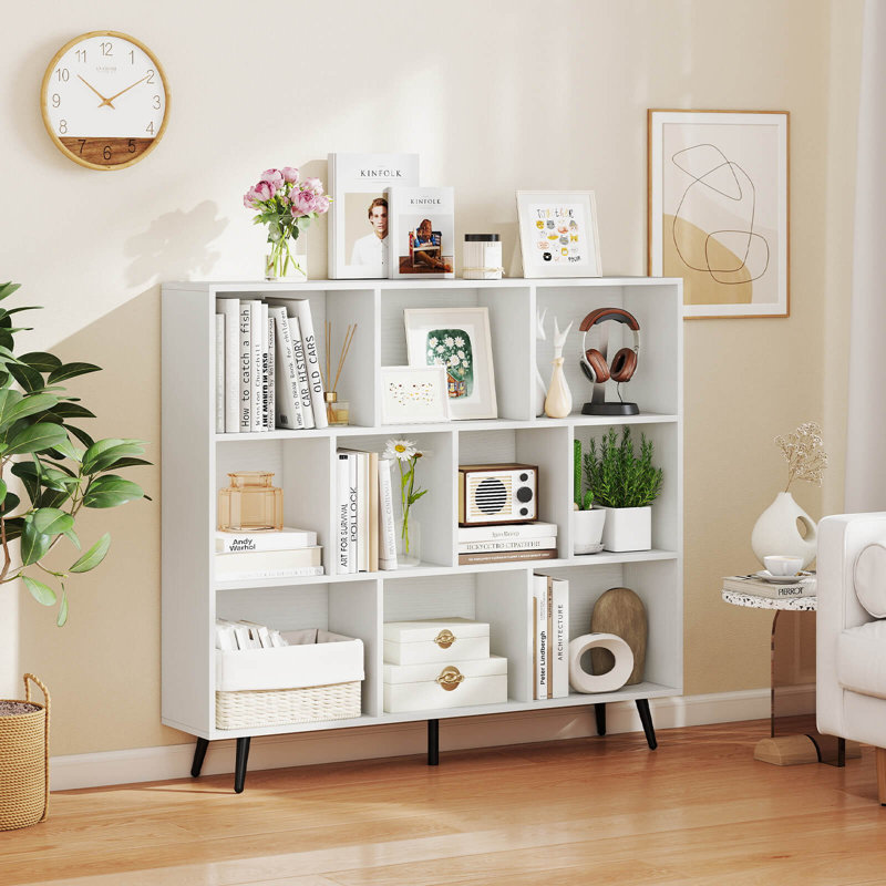 10 Cube Bookcase 3-Tier Modern Storage Organizer with 5 Metal Legs Bookshelves, 42"H x 47"W x9.5"D