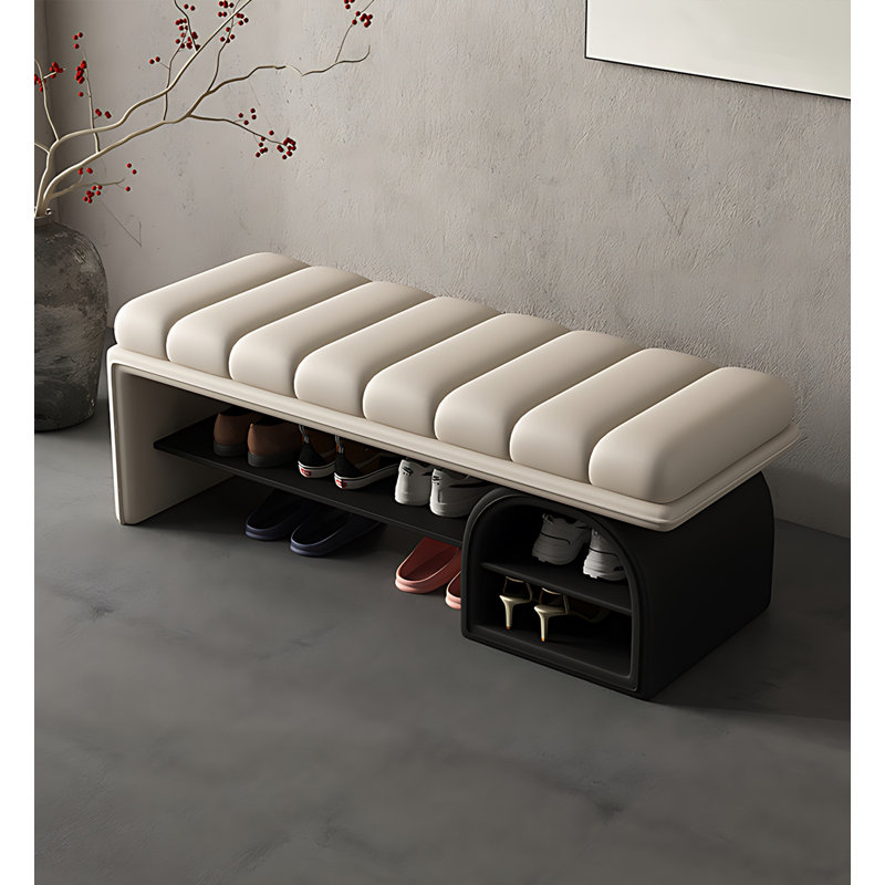 Modern & Contemporary Solid Wood Leather Upholstered Shoe Storage Bench, Beige, 16.93" H x 47.24" W x 16.93" D