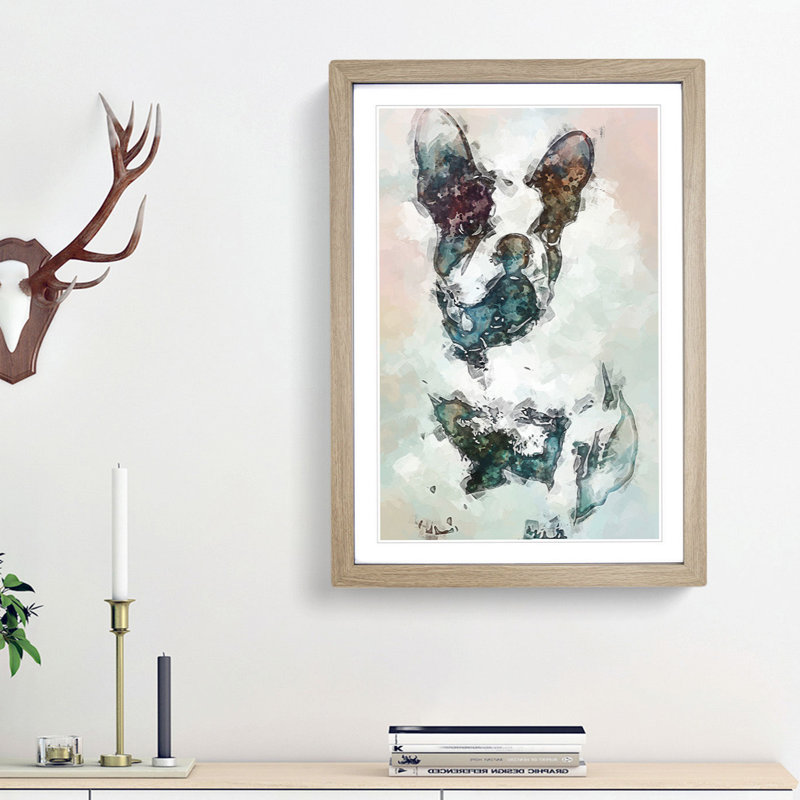 French Bulldog Dog Stencil in Abstract - Picture Frame Painting Print, Oak Framed, 65cm H x 48cm W x 2cm D