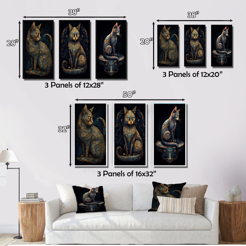 Blue Glamorous Retro Gold Cat I - Animals Cat Art Set Of 3 Pieces, H 20 po x l 36 po, Cadre blanc