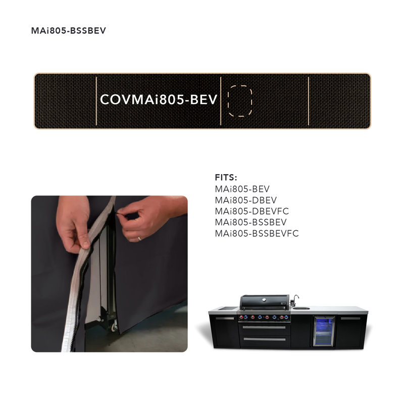 Mont Alpi Heavy Duty Water Resistant All Weather Cover in Black for 6-Burner 132"W x 23"D x 46"H Original, Deluxe & Black 805 Series Outdoor Kitchen Island with Beverage Center - MAi805-BEV / MAi805-DBEV / MAi805-BSSBEV / MAi805-DBEVFC / MAi805-BSSBEVFC