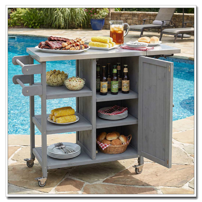Foldable Outdoor Kitchen Island Patio Kitchen Island Outdoor Kitchen Cart Portable Prep Station with Lockable Wheels, Grey