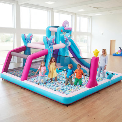 7-in-1 Inflatable Water Slide, 12 X 12 Ft Outdoor Bounce House Equipped With Blower, Mermaid Style