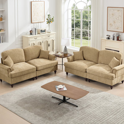 Canapé modulaire classique avec chenille douce, en forme de pétale, et ajustement de posture confortable dans des volants amovibles café, des pieds fuselés, configurables pour une chaise longue ou L