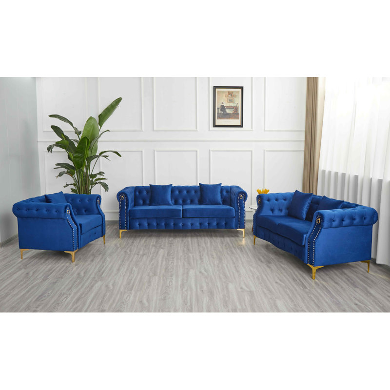  Ensemble de salon rembourré 3 pièces avec pieds en métal, Bleu