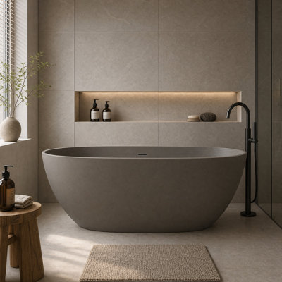 55" Freestanding Bathtub Resin Stone Soaking Bathtub Solid Surface Modern Tubs with Overflow and Pop-up Drain