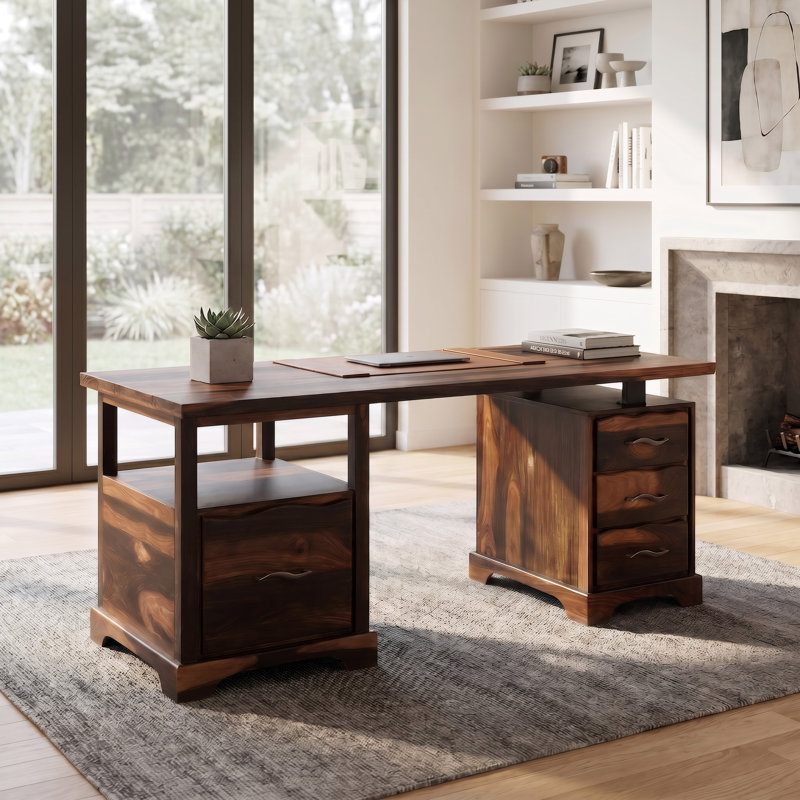  Chaliyah Solid Wood Writing Desk with File Drawer 68" in Brown, Walnut
