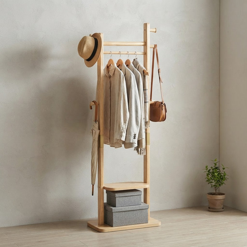 Porte-manteau en bois massif, 48 x 30 x 180 cm, écologique et résistant., Naturel