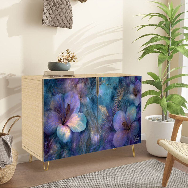 Sideboard Buffet Cabinet with Storage Dreamy Celestial Nature Artwork Gold with 2 Doors for Living Room and Kitchen
