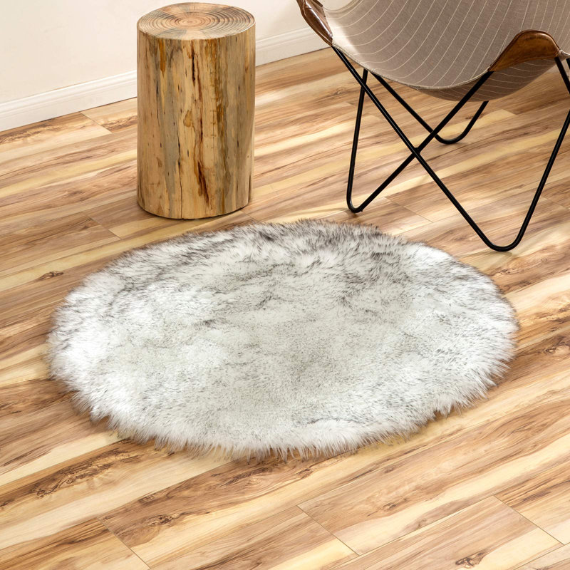 White Shag Faux Sheepskin Fluffy Fur Washable Area Rug with Gray Tip, Round 4'
