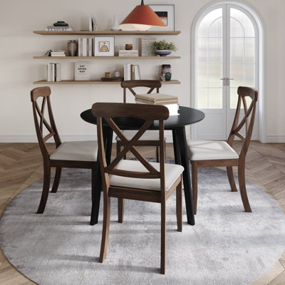 5-Piece Dining Set With Black Round Table And Brown Upholstered X-Cross High Back Chairs