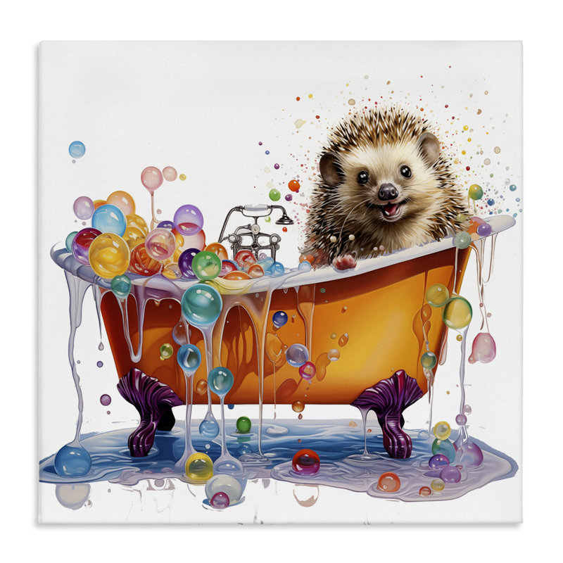 «Happy Hedgehog Bubble Bath», art mural sur toile par Mary Cunningham, H 30 po x l 30 po