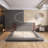 King Size Grey Upholstered Platform Bed With Extended Wood Headboard And Built-In Bedside Shelf