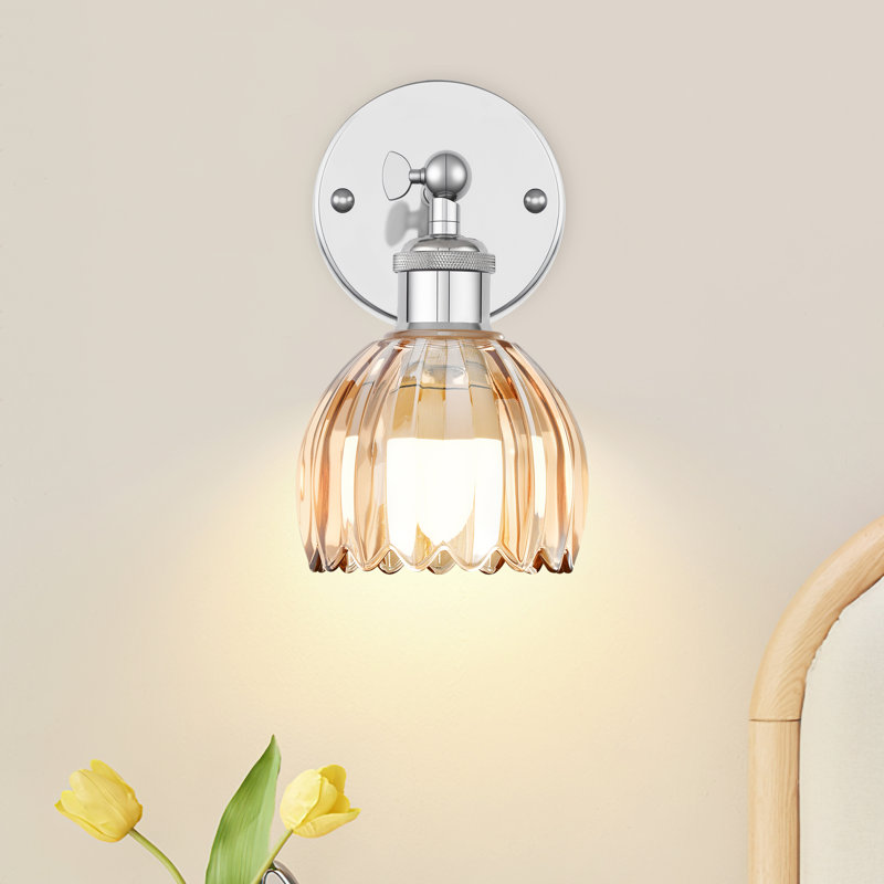 Multi-Scene Rgb Wall Sconces With Amber Tulip Glass Shade, 12 Colors & Dimmable (Set Of 2), Chrome, Brown