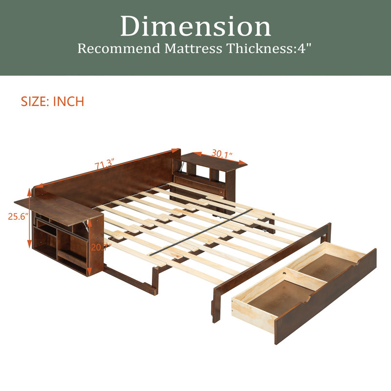 Lit de jour avec bureau amovible, tiroirs de rangement et table d'appoint hydraulique, Espresso, Grand lit