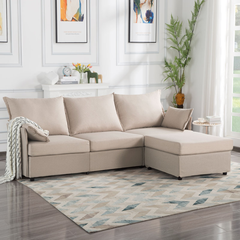 Canapé modulaire 93,7 po avec repose-pieds, structure en bois massif et fer, housses lavables amovibles, Beige