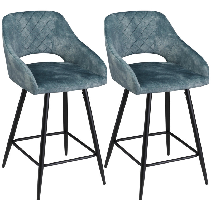 Upholstered Counter Stool with Metal Frame, Blue