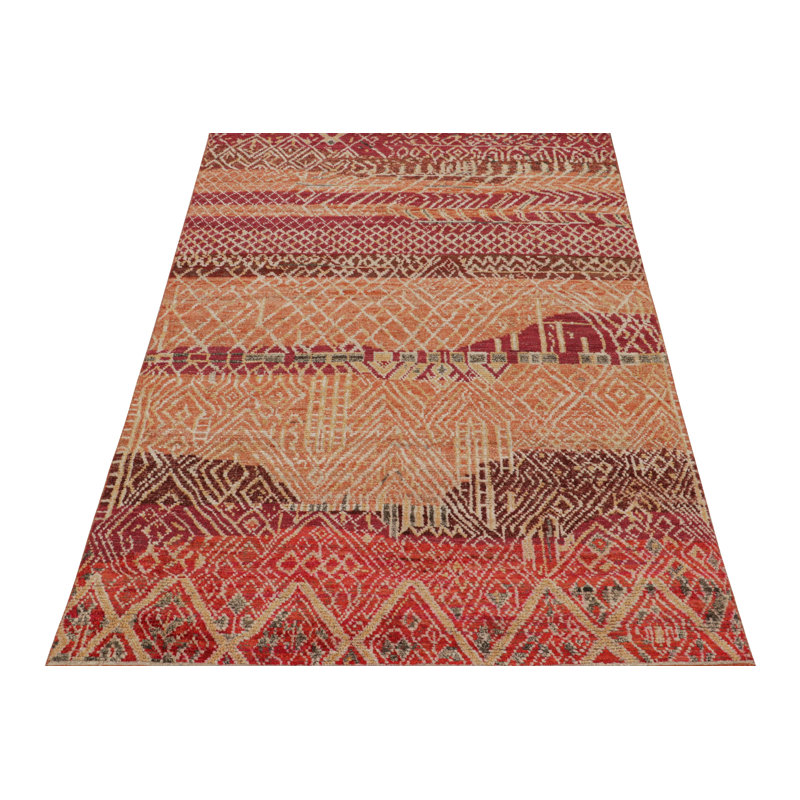 Rug & Kilim’S Moroccan Rug In Red, Orange & Beige-Brown Geometric Patterns, Runner 3' x 8'