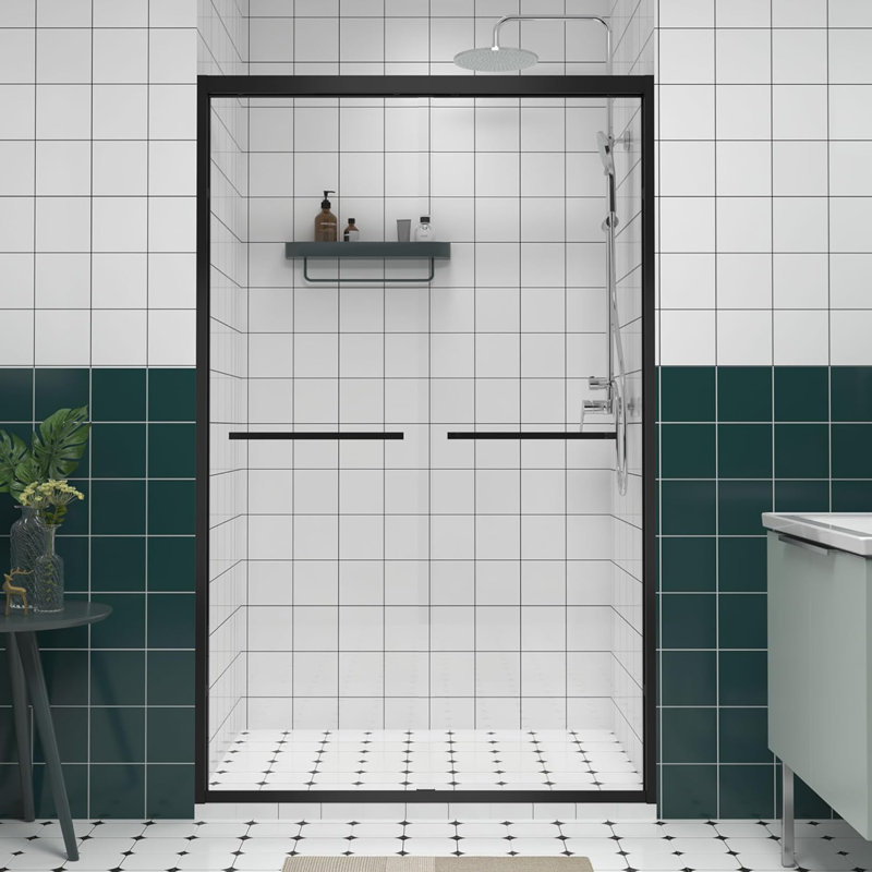 44-48"x76" Aluminum Frame Tempered Glass Shower Door, Bathroom Double Sliding Door With Premium 1/4" (6mm) Clear Tempered Glass For Walk-in Shower, Black Hardware Sliding Shower,matte Black