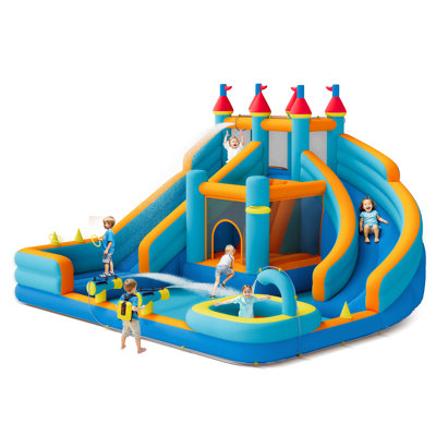 Toboggan aquatique gonflable à 2 glissades, 455 x 430 x 275 cm, château gonflable avec canon à eau et piscine à balles pour s'amuser en plein air et faire la fête dans le jardin.