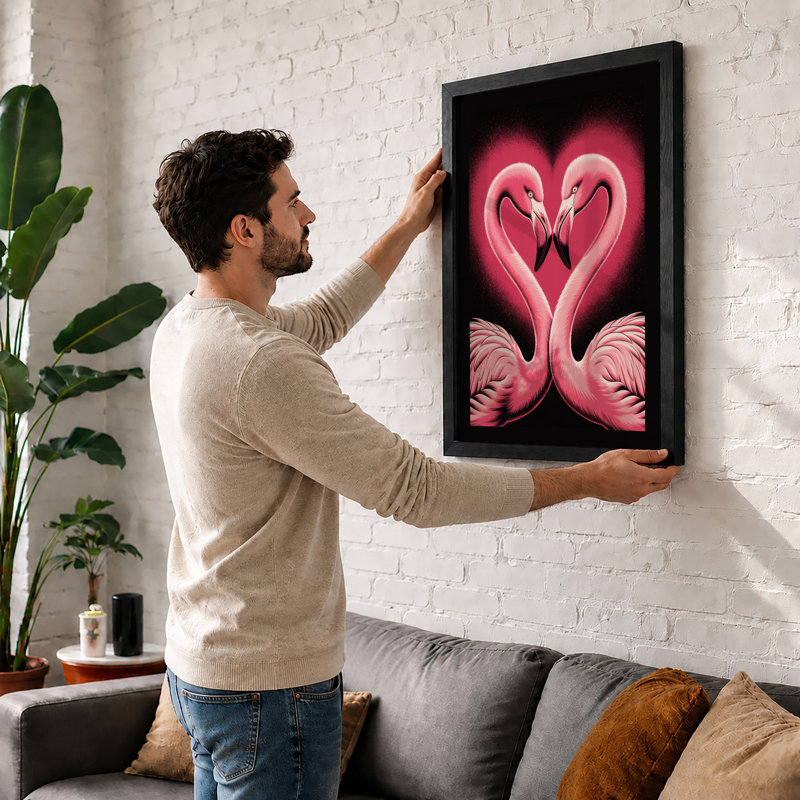 Flamingos in Love Modern - Framed Print, A2 - 59.4 x 42.0 cm, Walnut