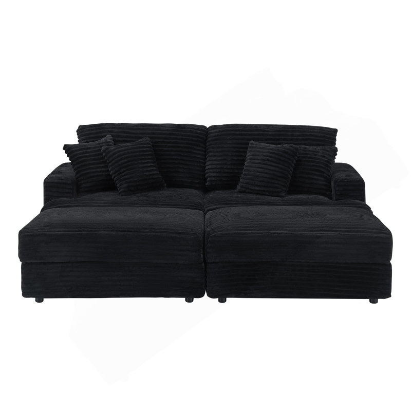 Canapé 88,58 pouces en velours côtelé noir avec pieds de rangement doubles et quatre coussins, aussi doux qu'un nuage, un canapé paresseux élégant convenant au salon et au bureau
