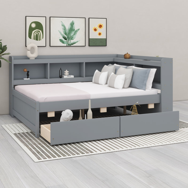 Structure de lit d'angle en bois massif avec bibliothèque intégrée, tête de lit en forme de L, prises électriques, ports USB et tiroirs de rangement