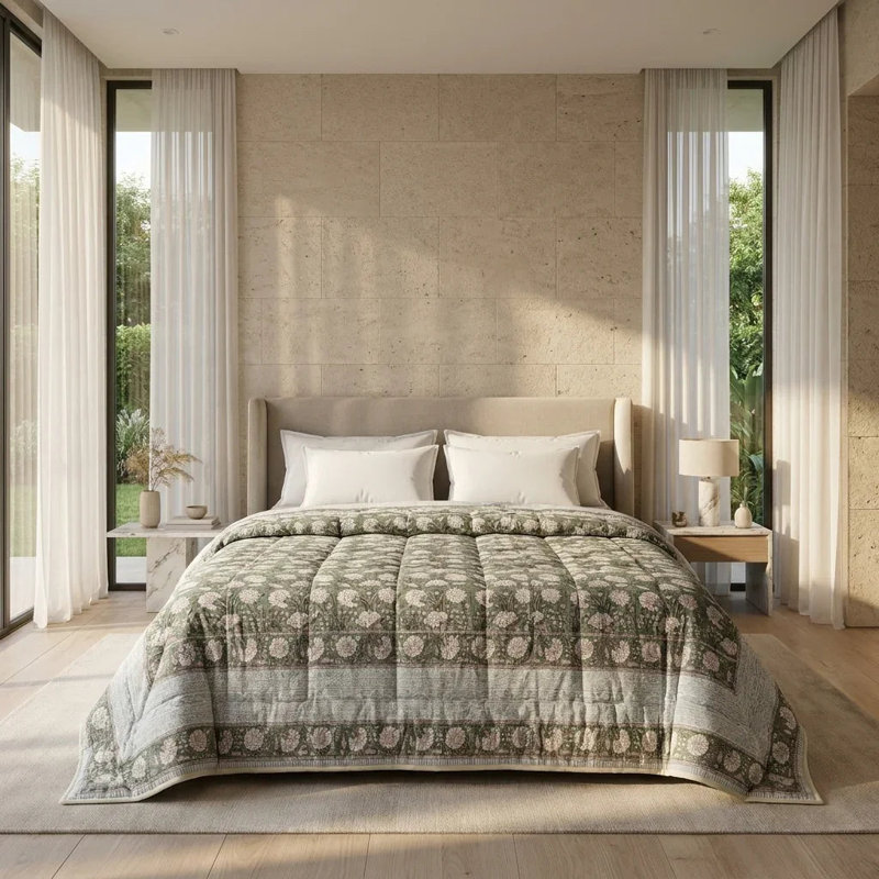 House of Avana Cream & Rose Pink Botanical Floral Jaipur Indian Hand Block Print Quilted Comforter, Queen