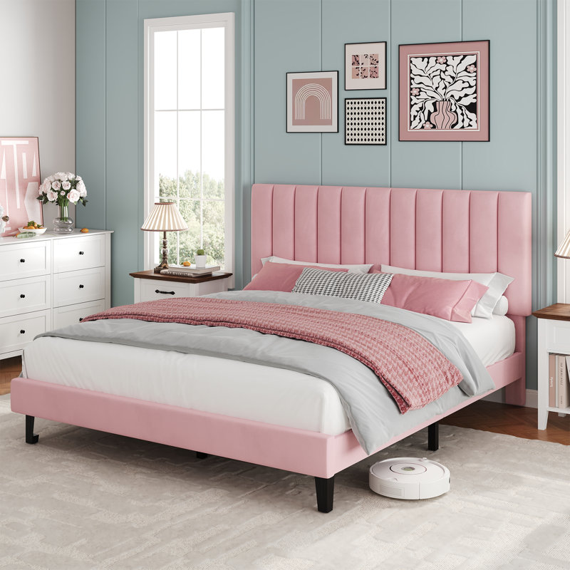 Structure de lit en velours pour grand lit - plateforme rembourrée réglable avec conception silencieuse, sans sommier, Rose