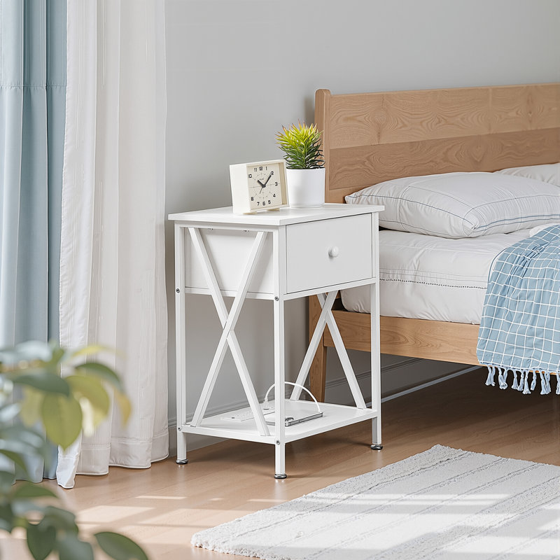 21.7'' Tall 1 - Drawer Nightstand with Charging Station, Rustic Bedside Table and Built-In Outlets, Set of 2, White