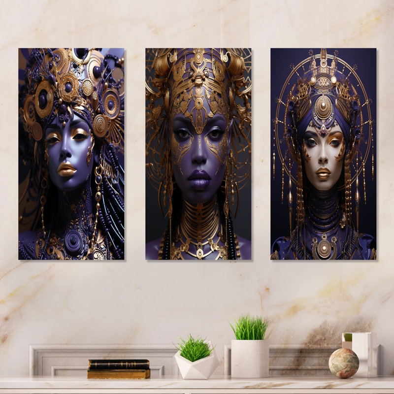 Purple And Gold African Woman Elegance I - Woman African American Metal Prints Set Of 3, 32" H x 48" W