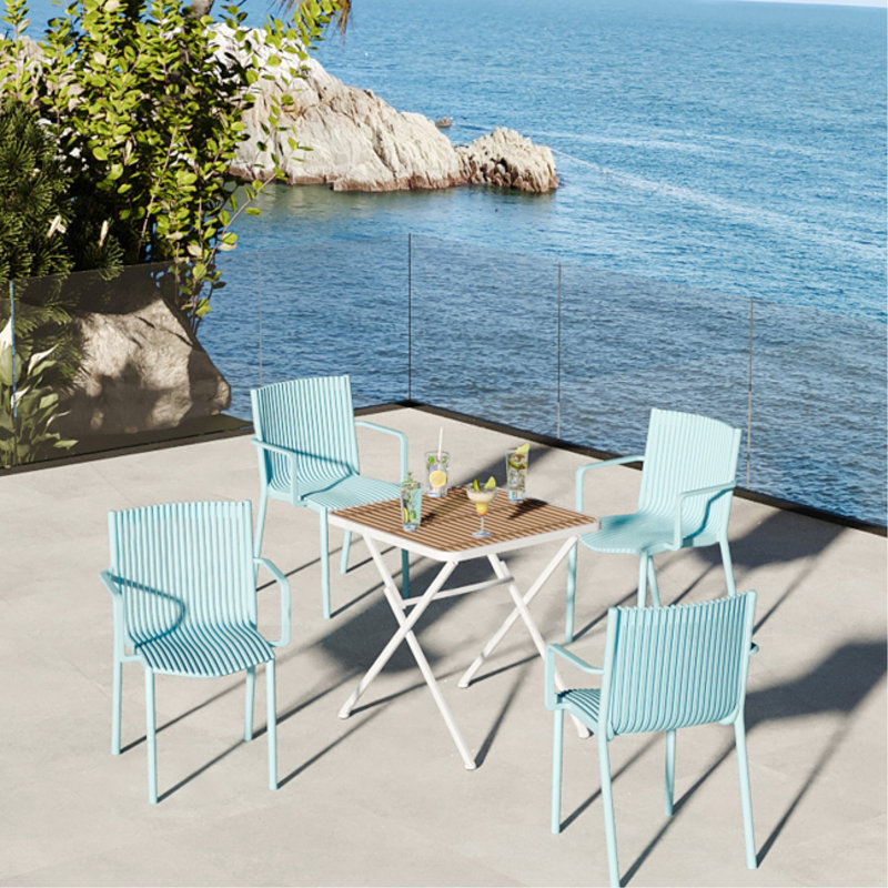 Blue Grey Stackable Pp Armchairs And An Indoor/Outdoor Square Table , Ergonomic Design, Tabletop, Metal Legs In White Khaki, - , All Weather , Zero Maintenance 4 A Multi Functional Table, Contour,