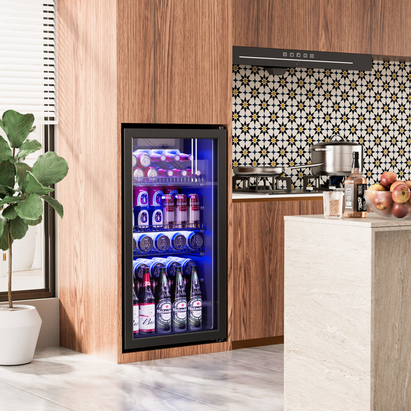 GUNJI 17.5'' W Freestanding 3.2 Cubic Feet Beverage Cooler with Glass Door, 32.7"H x 17.5"W x 18.5"D