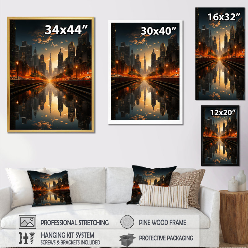 «Orange Canal Urban Reflections Cityscape», impressions sur toile de paysages urbains, Encadrement doré