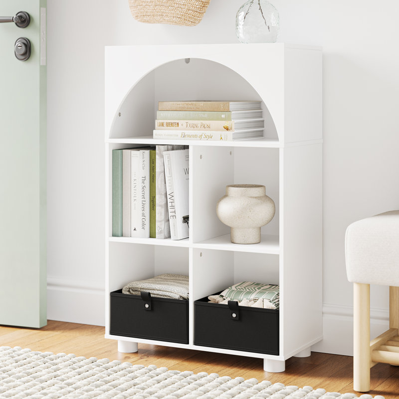 RiverRidge Arched 23" 4 Cubby Entryway Shoe Rack Storage Organizer Cabinet with Shelves - White with 2 Black 5" Fabric Bins