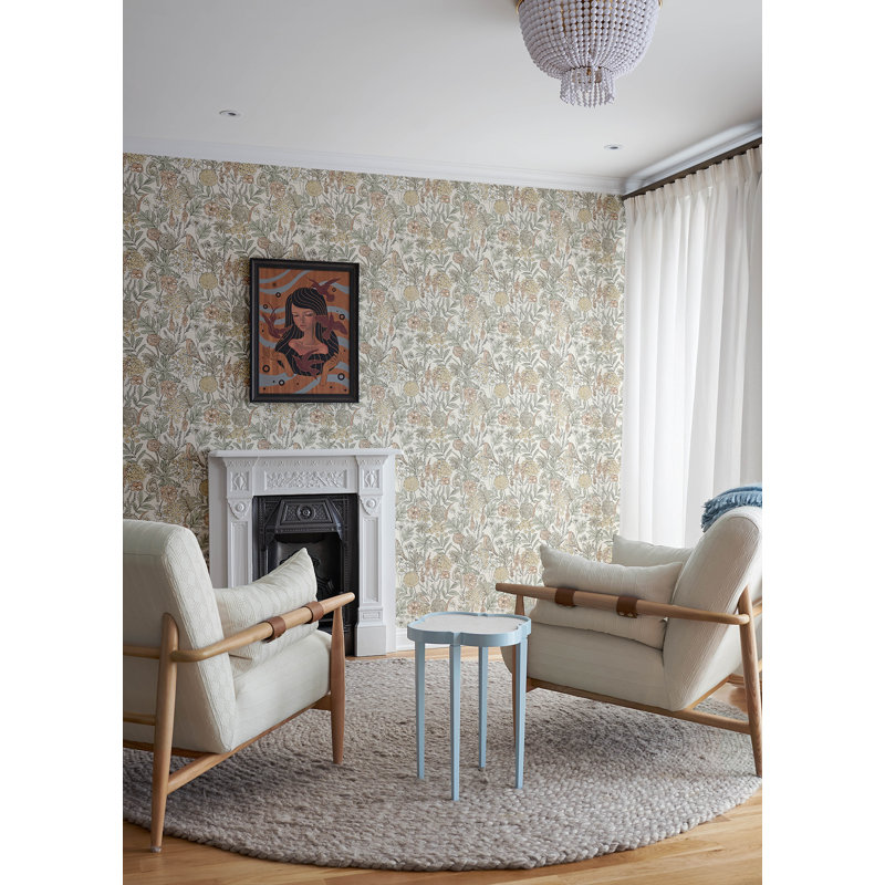 Papier peint chardonneret turquoise oiseaux et fleurs, Beige