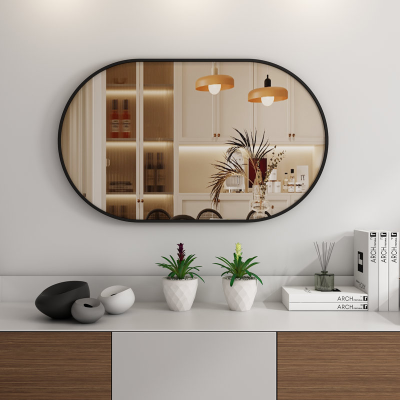 Latwanna Oval Metal Wall Mirror, 30" x 20", Black