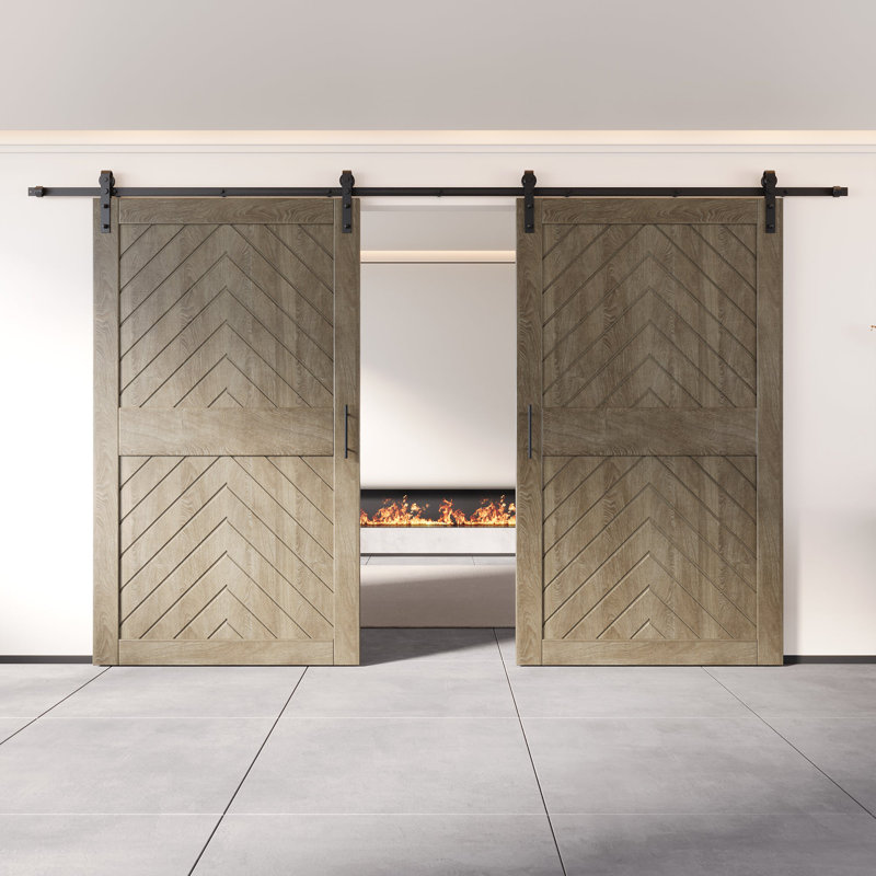 Porte de grange à deux compartiments avec ensemble de quincaillerie d'installation 4-en-1 fini et non assemblé 48 po x 84 po Homacer Classic gris, rail de 18 pi, usage intérieur seulement