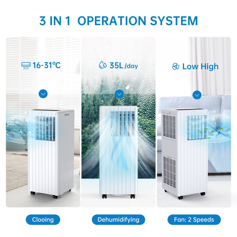 3-in-1 Portable Air Conditioner 9000 BTU – Cooling, Dehumidifier (35L/Day) & 2-Speed Fan – Energy Efficient, Quiet 52dB, Digital Display, Remote, Window Kit for Home, Office, Kitchen