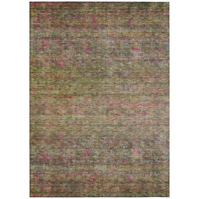 5' X 8' Artichoke Green And Hot Pink Floral Washable Indoor Outdoor Area Rug