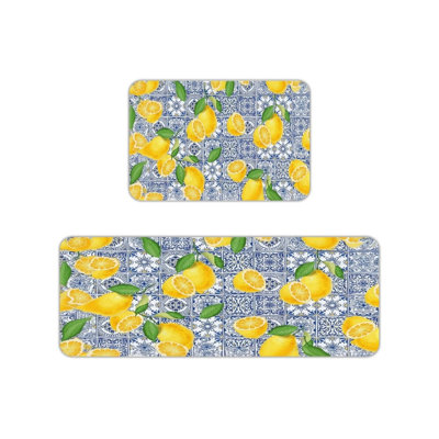 Tapis de cuisine bleu et blanc à motif de tranches de citron, paquet de 2, pour la cuisine et la salle à manger
