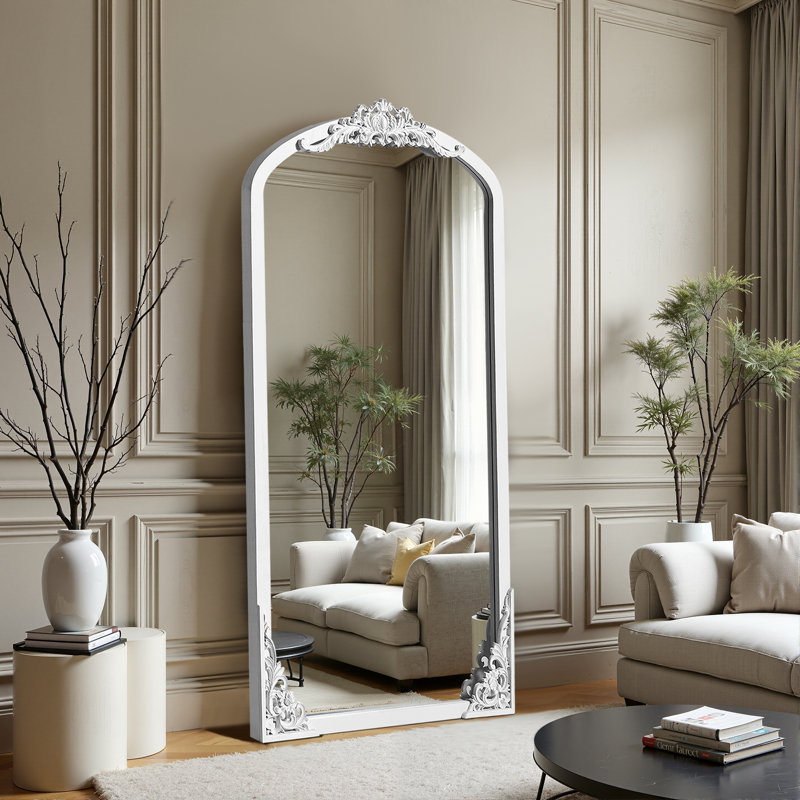 Arch Solid Wood Mirror Ornate Mirror Wall Mirror Retro Mirror with Carved Frame, White, 67" x 28"
