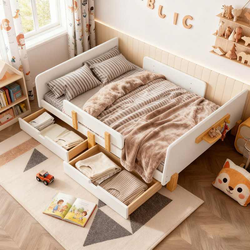 Lit plateforme avec tiroirs de rangement, structure de lit en bois massif avec garde-corps, petite tablette et crochets