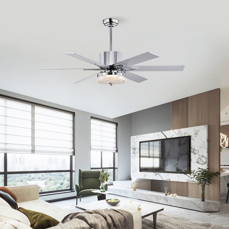 Ventilateurs de plafond 52 po avec télécommande, ventilateur de plafond en bois avec lumières, ventilateur de plafond à DEL à 6 pales, ventilateur de plafond à moteur à courant alternatif à 3 vitesses pour patio, salon, chambre à coucher - chrome